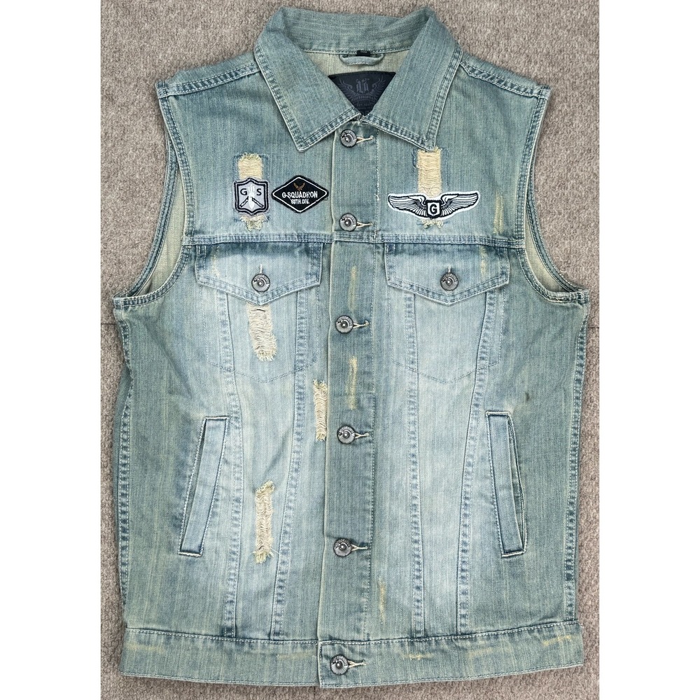 Victorious Men's Button Up Distressed Multi-Patch Denim Vest Size Large